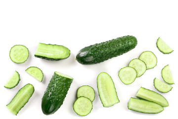 Cucumber slices isolated on white background with copy space for your text. Top view. Flat lay pattern. Set or collection