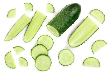 Cucumber slices isolated on white background. Top view. Flat lay pattern. Set or collection