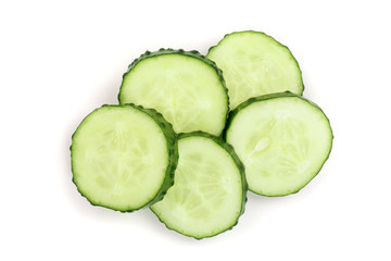 Cucumber slices isolated on white background. Top view. Flat lay pattern