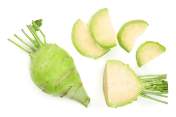 Fresh kohlrabi with green leaves isolated on white backround. Top view. Flat lay
