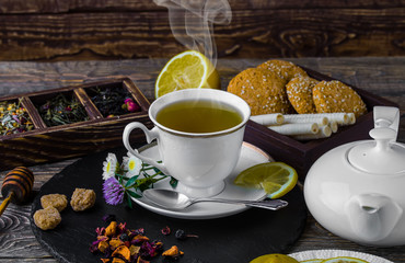 Tea in a cup on an old background