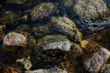 Large brown stones on the shallows in the water.