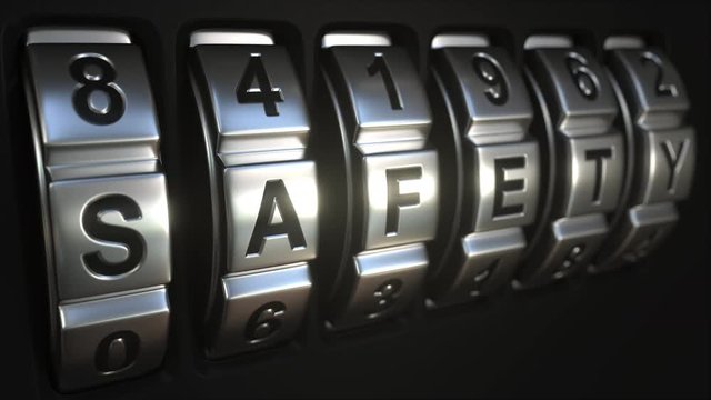 Retro code lock rings reveal word SAFETY, 3D animation