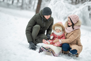 A beautiful family (mother, father, daughter) is riding a sleigh on a snowy day. Against the background of a snowy forest. Before Christmas and New Year, having fun