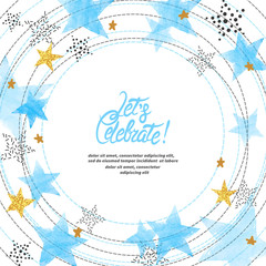 Abstract circle vector celebration background with blue watercolor stars and place for text. 