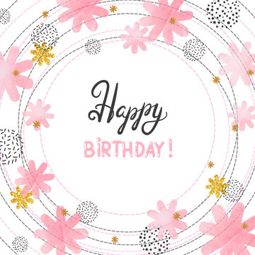 Happy Birthday card design with abstract watercolor pink flowers.