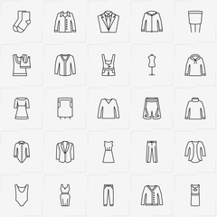 Clothes line icon set with dress, blazer and jacket