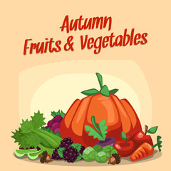 vector cartoon autumn crops pile including pumpkin apple celery carrot grapes berry and acorn nut illustration