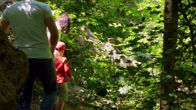 the family is walking along a mountain overgrown trail