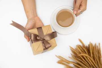 Hand holding gift box on white background