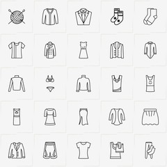 Clothes line icon set with dress, sewing hank and socks
