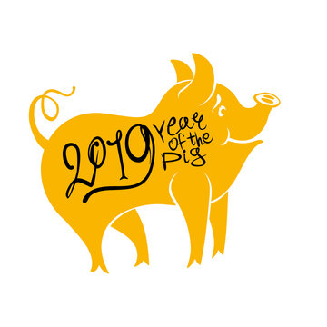 Template for the year of the pig 2019. Yellow silhouette of a pig and calligraphic inscription. New Year on the Chinese calendar.