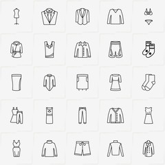 Clothes line icon set with trousers, shorts and lady shirt