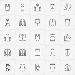 Clothes line icon set with shorts, pullover and coat