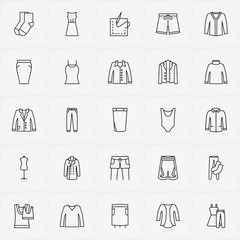 Clothes line icon set with jacket, lady shirt  and dress