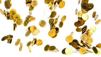 Movement of many gold coin in hand on white background, business and financial investment concept.