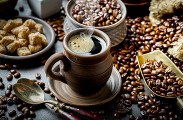 Black coffee on old background