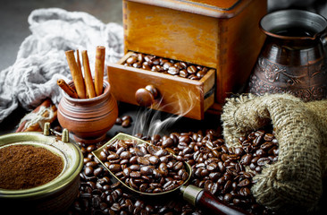 Coffee beans on the old background