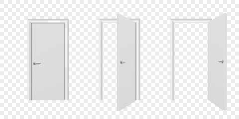 Naklejka premium Vector Realistic Different Opened and Closed White Wooden Door Icon Set Closeup Isolated on Transparent Background. Elements of Architecture. Design Template of Modern Door for Graphics. Front View