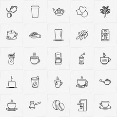 Coffee & Tea line icon set with cup of coffee, turkish coffee and tea leaf