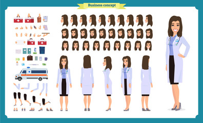 Female doctor character creation set.Front, side, back view animated character.Doctor character creation set with various views,Face emotions, poses, gestures.