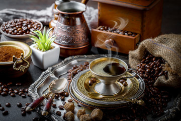 Black coffee on old background