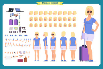 Tourist female, vacation traveller character creation set. Full length, views, emotions, gestures, tan skin tones, white background. Build your own design. 