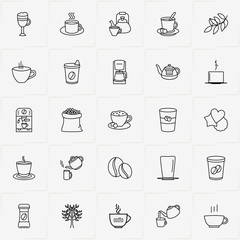 Coffee & Tea line icon set with cup of coffee, tea leaf and coffee seeds