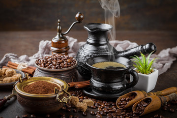 Black coffee on old background