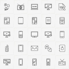 Communications line icon set with file transfer, smart phone and mobile