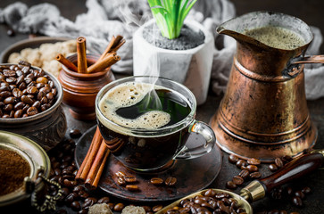 Black coffee on old background