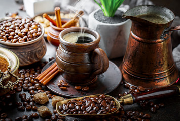 Black coffee on old background