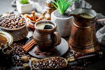 Black coffee on old background