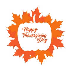 Thanksgiving label with leaves and a pumpkin silhouette. Vector illustratin design