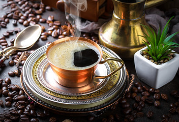 Black coffee on old background