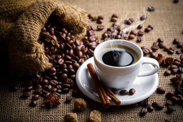 Black coffee on old background