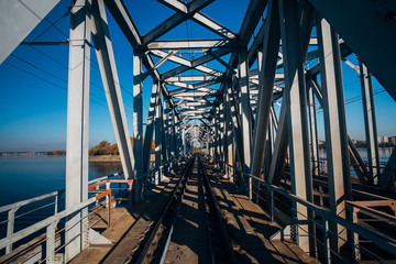Railway track on steel railway bridge over Voronezh river