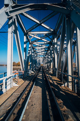 Railway track on steel railway bridge over Voronezh river