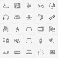 Computer line icon set with computer board, laptop and computer loudspeaker columns