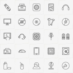 Computer line icon set with flash card , computer mouse  and tablet