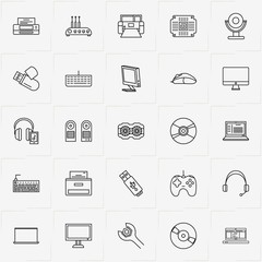 Computer line icon set with printer, compact disk and game joystick