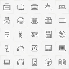 Computer line icon set with tablet, flash drive and computer board