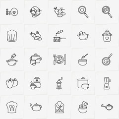 Obraz premium Cooking line icon set with tea pot , vegetables and add condiments to bowl
