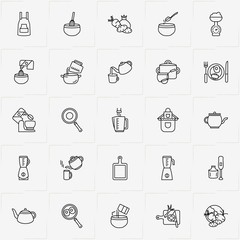 Cooking line icon set with add condiments to bowl, blender and vegetables