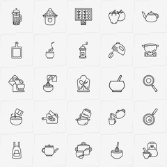 Cooking line icon set with whisk , baking cookies  and cooker hat
