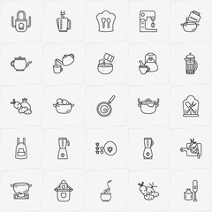 Naklejka premium Cooking line icon set with vegetables in saucepan, add cream to bowl and add condiments to bowl