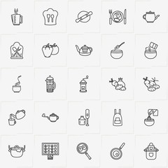 Cooking line icon set with rolling pin , add condiments to bowl and frying pan
