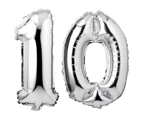 Number 10 of silver foil balloon isolated on a white background © koosen