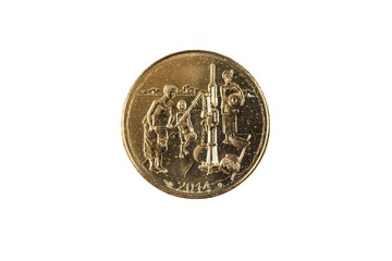 A close up image of a 10 West African franc coin isolated on a white background