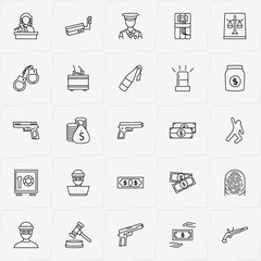 Criminal line icon set with judge, gun  and money case